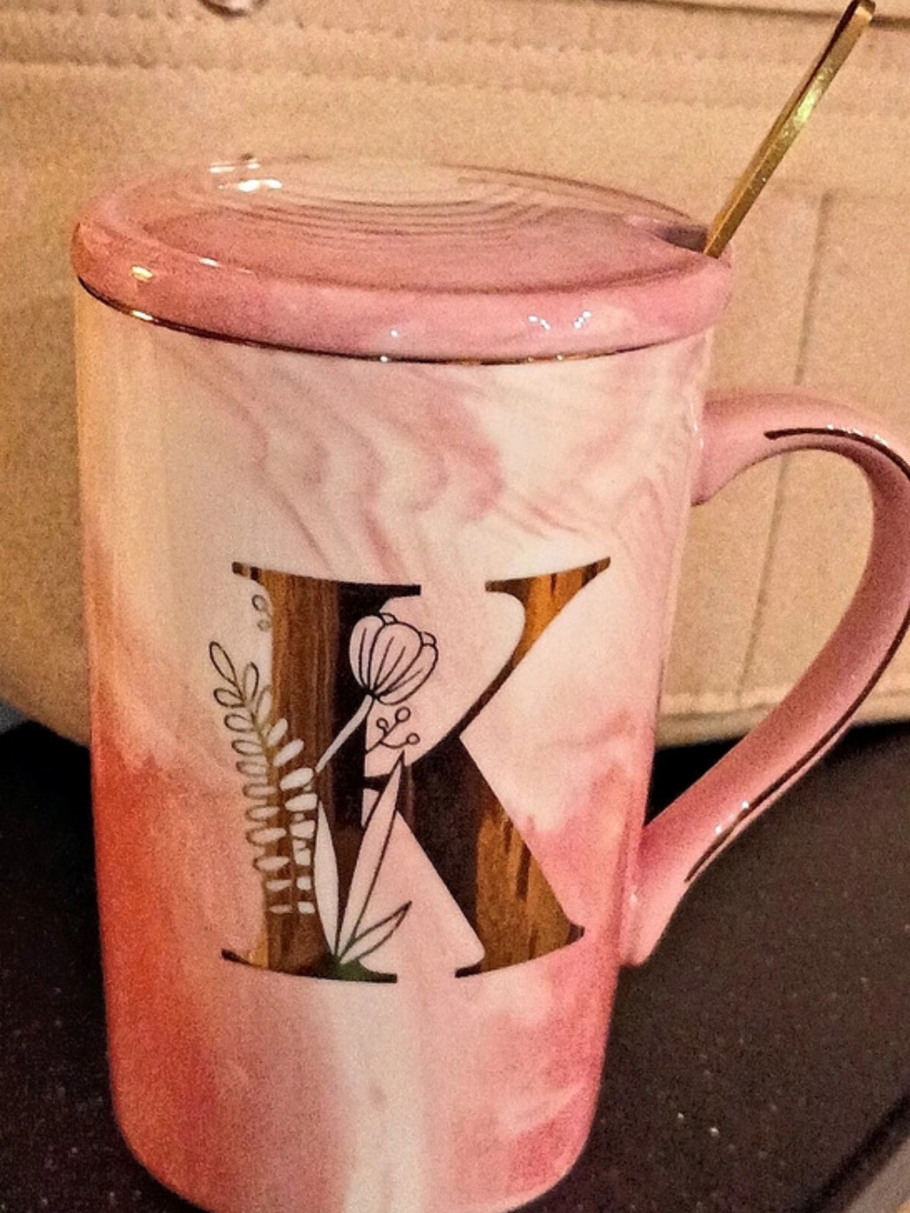 Pink "K"  Mug with Lid and Stirrergv